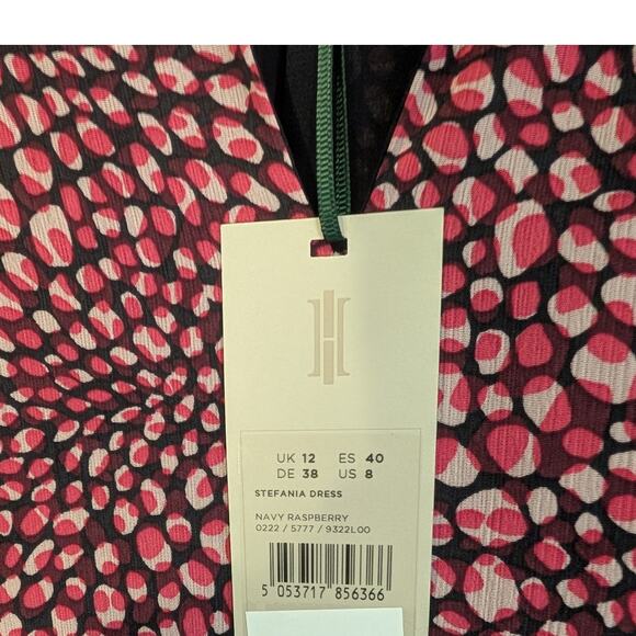 HOBBS London Stefania Dress Navy Raspberry Flowy Whimsy Tie Belt - Size 8 - Picture 7 of 8